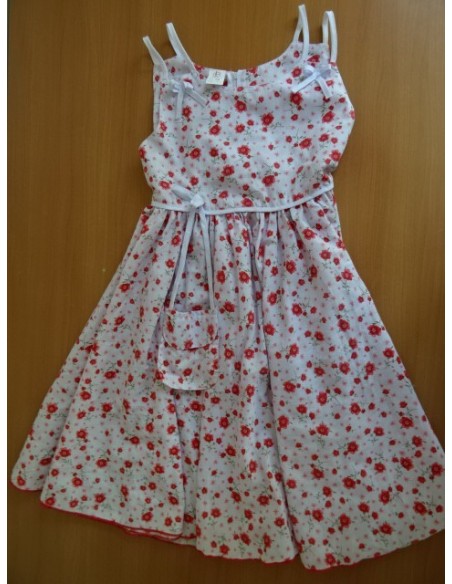 Rochie vaporoasa alba cu imprimeu flori rosii si gentuta atasata,Fashion for Kid