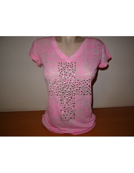 Tricou roz neon semitransparent cu cruce din tinte